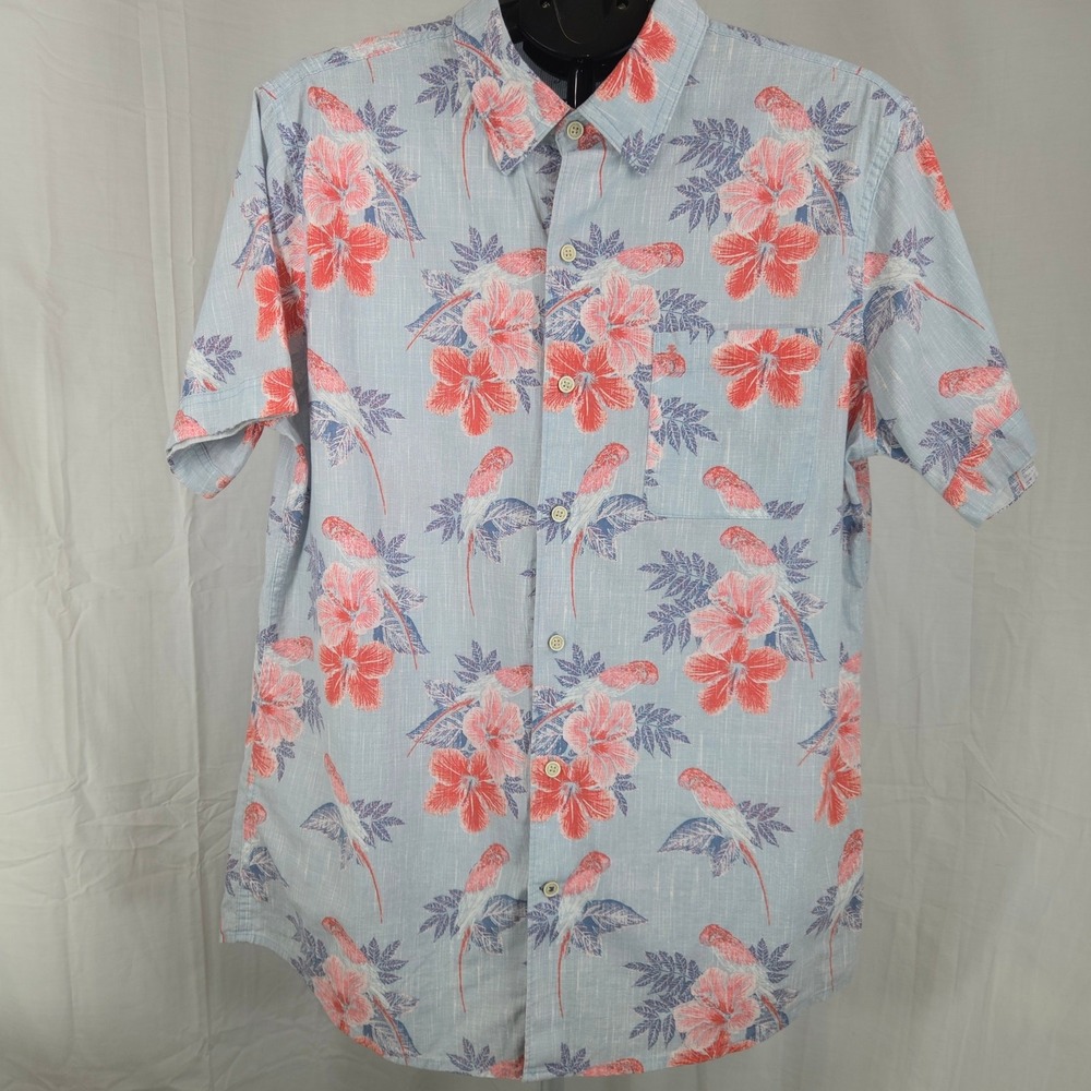 IZOD Saltwater Mens Large Blue Parrot Hibiscus Floral Button Down Hawaiian Shirt